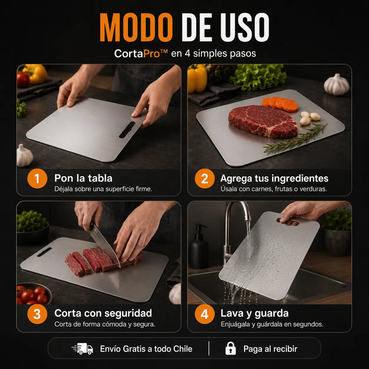 CortaPro™ v2 | Tabla de Cortar de Acero Inoxidable, Higiénica y Fácil de Limpiar | 30X20CM