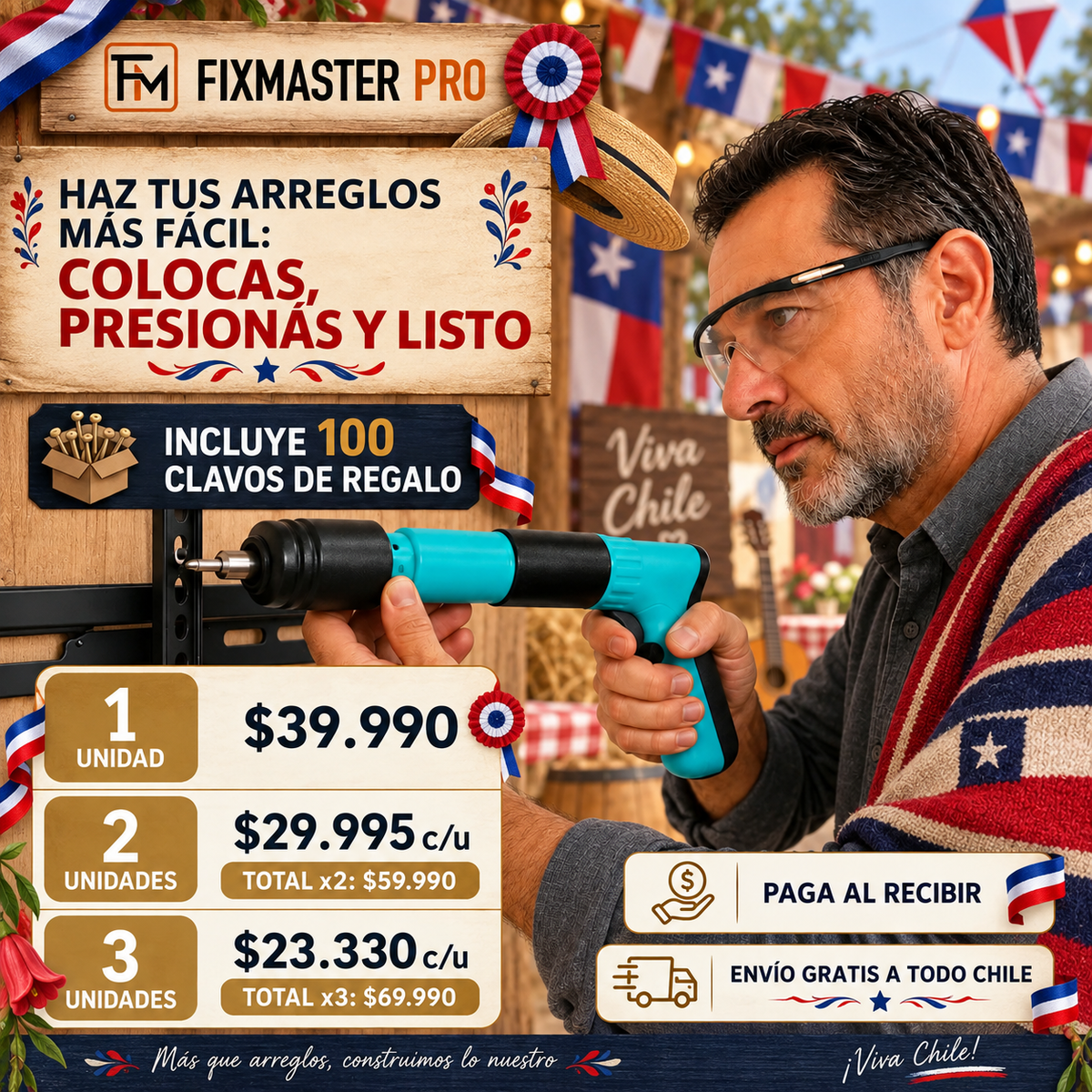 FIXMASTER QuickGun Clavadora Manual Portátil - Incluye 100 Clavos de Regalo