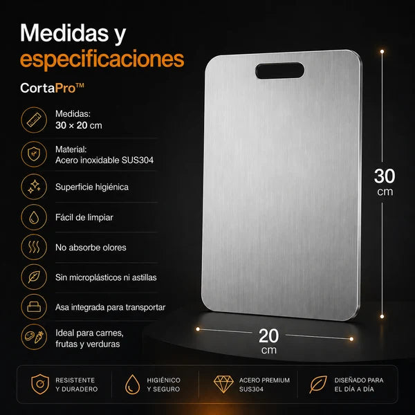 CortaPro™ v2 | Tabla de Cortar de Acero Inoxidable, Higiénica y Fácil de Limpiar | 30X20CM